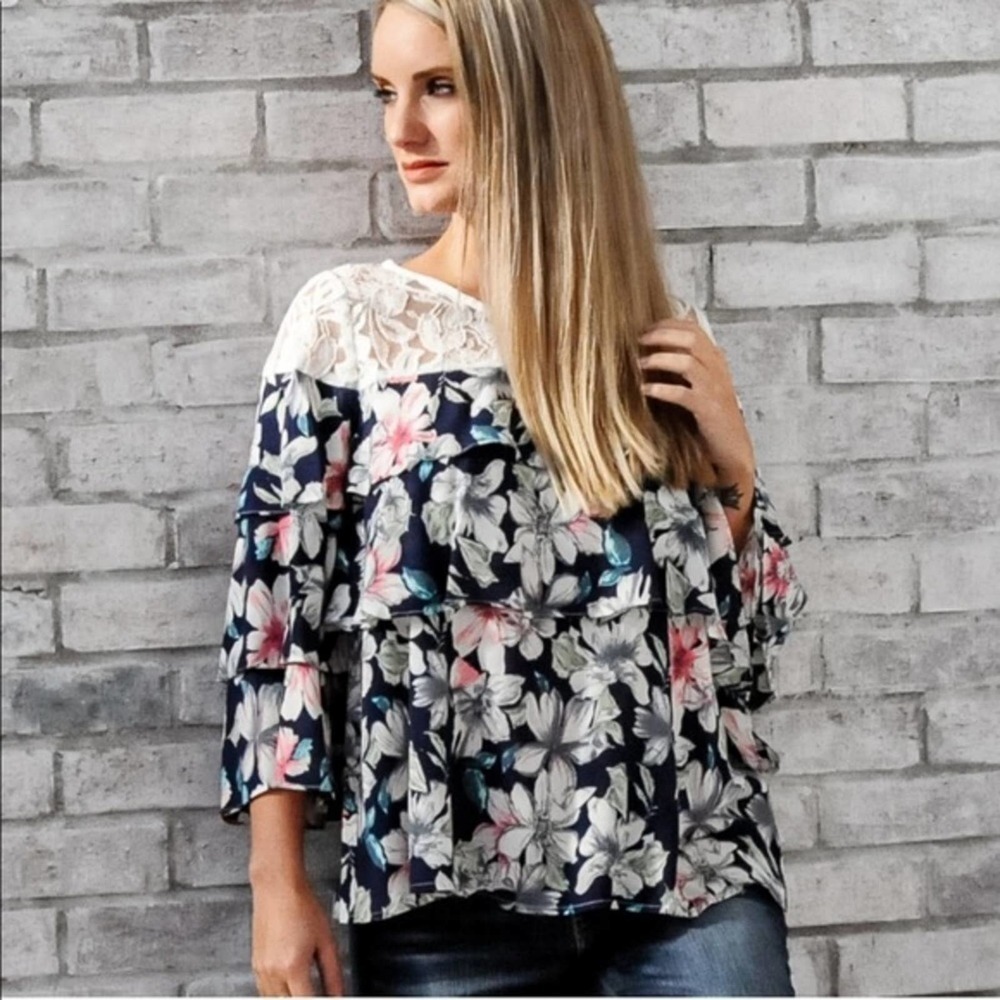 NEW Boho Lace Yoke Floral Tiered Ruffle Top Blouse ( Host Pick ) - Picture 6 of 9